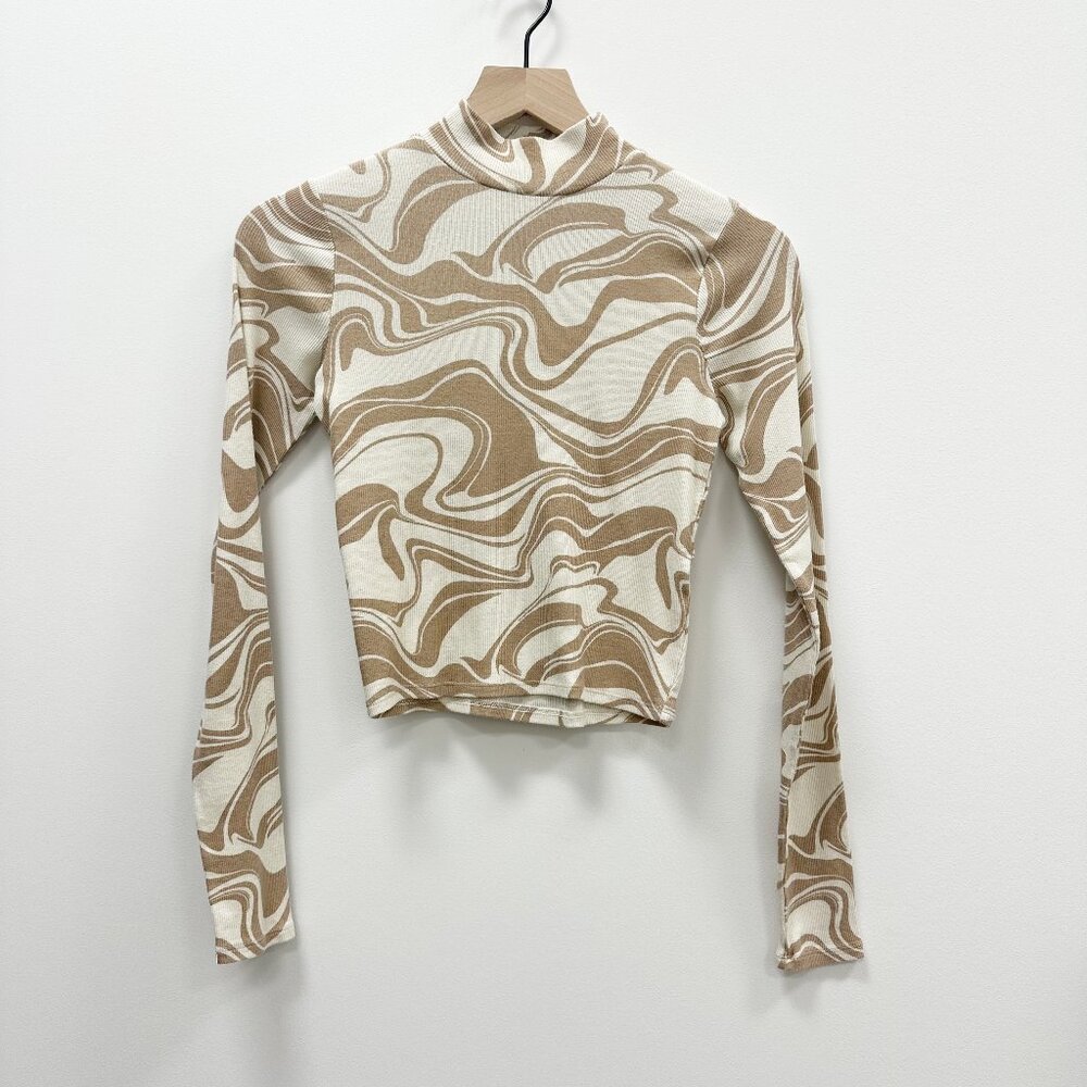Hollister Cream Marble Mock Neck Long Sleeve Top - Small